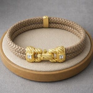 Judith Ripka Tan Double Rope Leather Bracelet 925 Gold Over Clasp EUC 8" #523